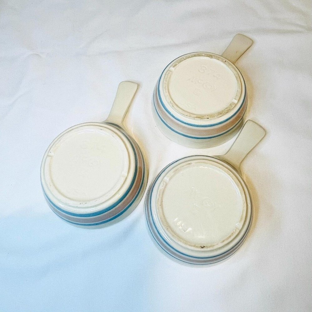 Vintage McCoy Pink & Blue Stripe French Onion Soup Bowl 1970s set of 3 Cottage - Picture 2 of 5